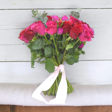 Burst of Color, Red and Pink Roses, Hand-Tied, Eucalyptus, Classic Floral Arrangement